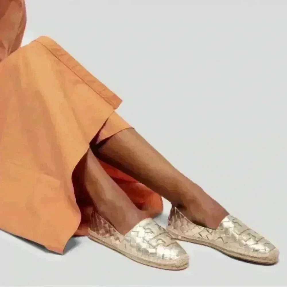 TORY BURCH Woven Leather Espadrille Flats 5 Loafer Gold Metallic Leather Ines